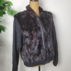 Vintage Rabbit Fur Jacket Women's Black Brown Full Zipper Large